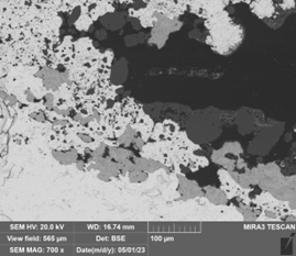 Figure 2: Cementation Zone: white is vanadinite, dark grey is silica, light grey is calcite